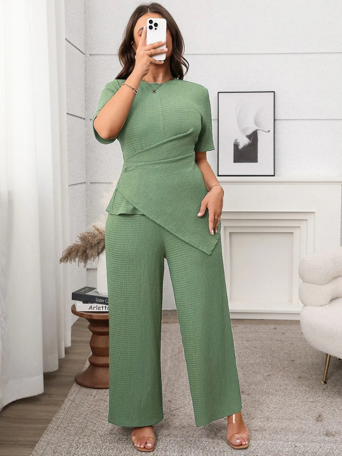 Plus Size Asymmetrical Round Neck Short Sleeve Top and Pants Set - Thalia Chic