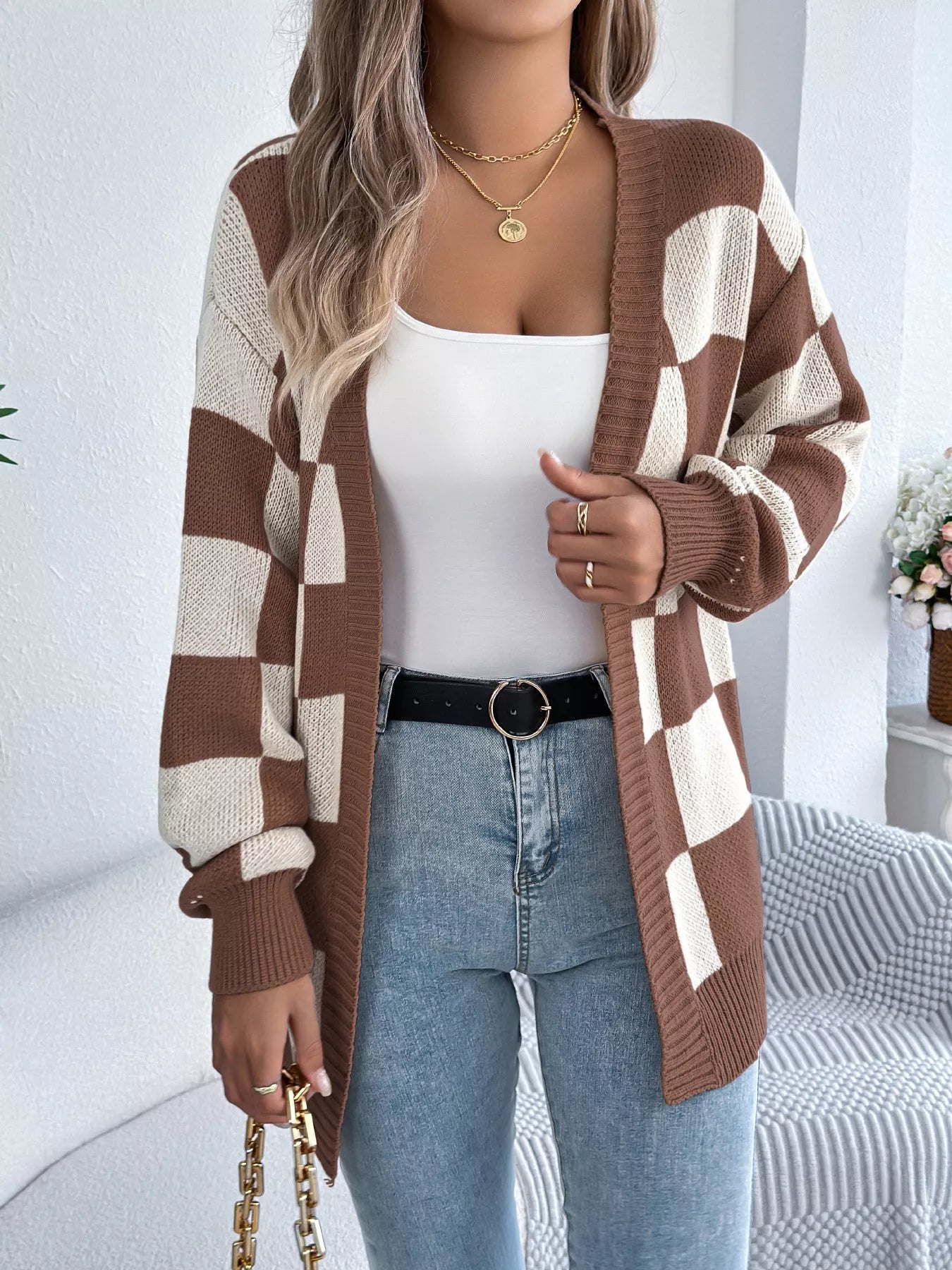 Checkered Pattern Open Front Cardigan - Thalia Chic