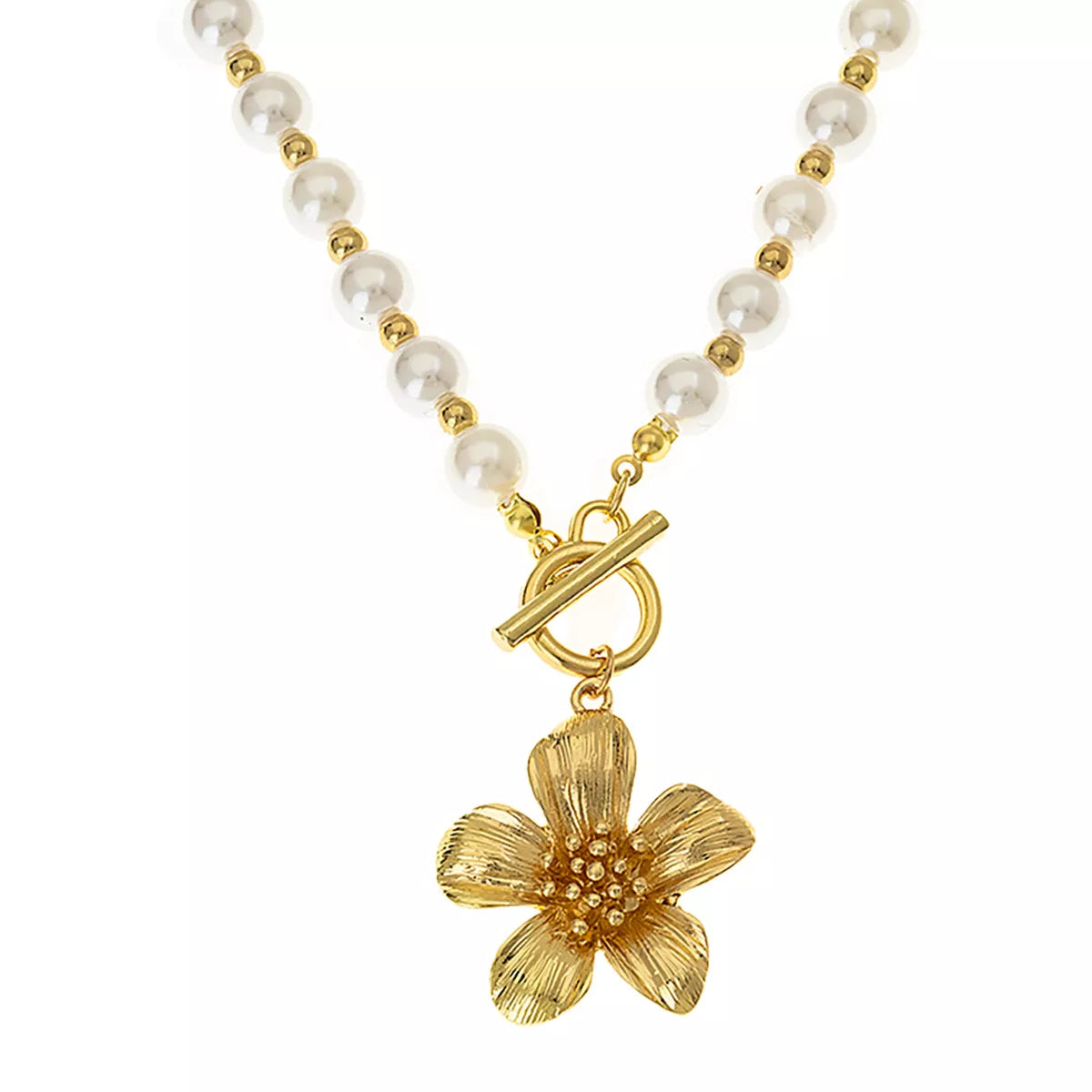 18K Gold-Plated Pearl Flower Pendant Necklace - Thalia Chic