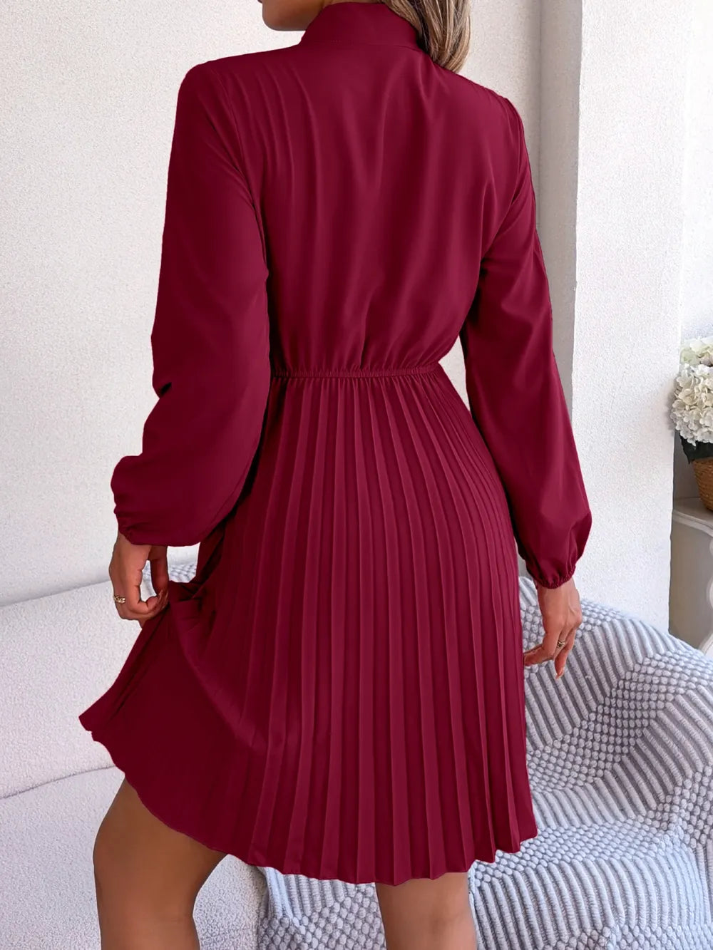 Tie Neck Balloon Sleeve Pleated Dress - Thalia Chic
