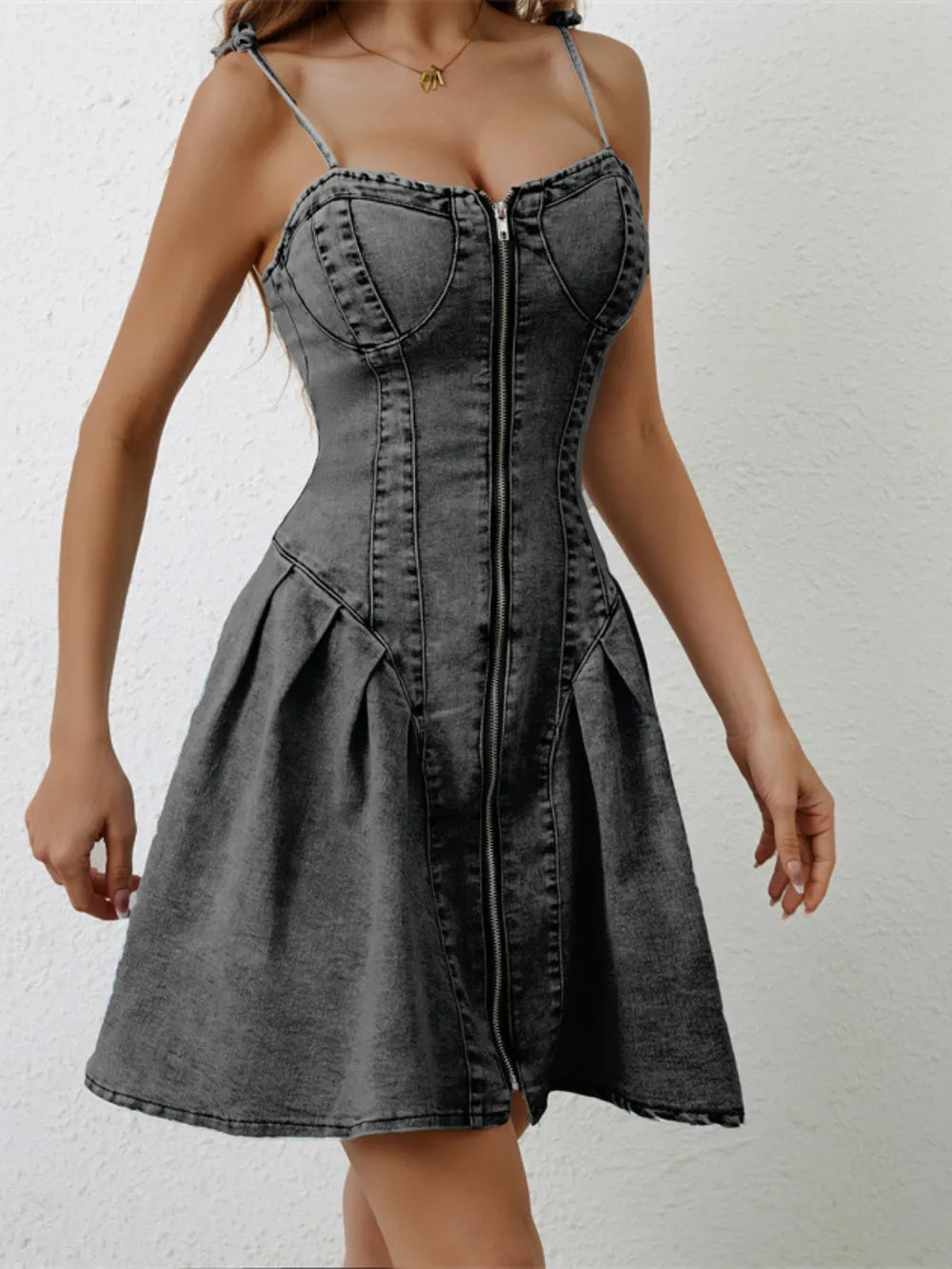 Ruched Zip Up Spaghetti Strap Denim Dress - Thalia Chic