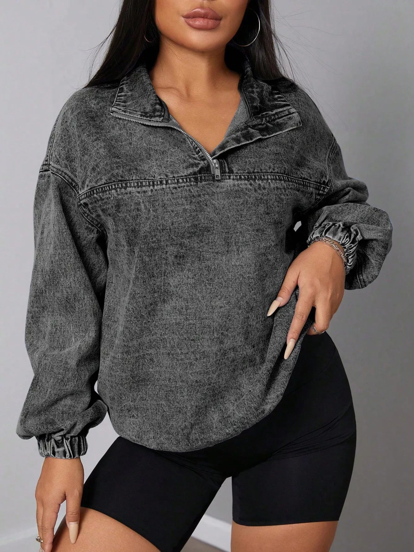 Elastic Hem Quarter Zip Denim Top - Thalia Chic