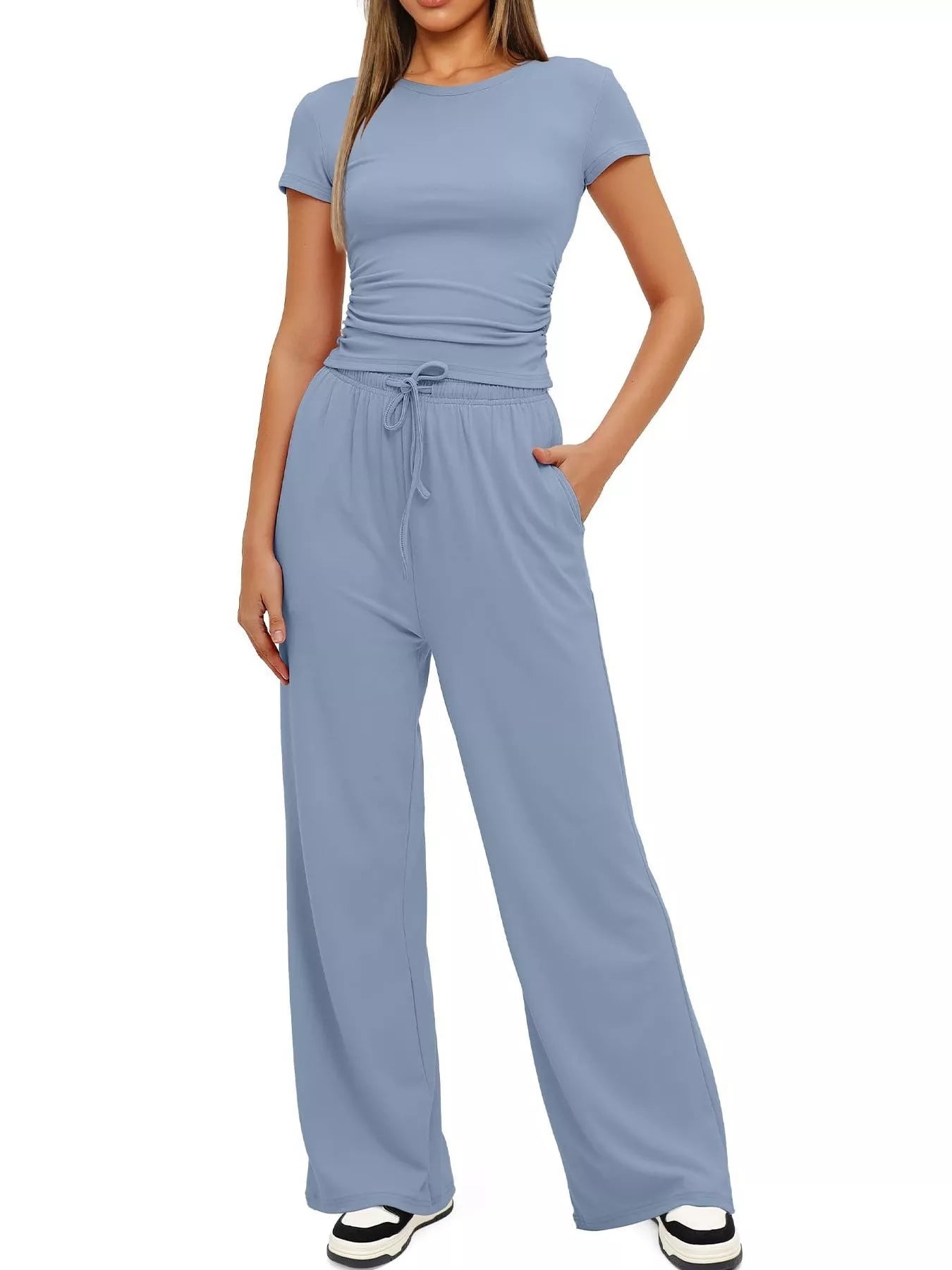 Round Neck Short Sleeve T-Shirt and Pants Set - Thalia Chic