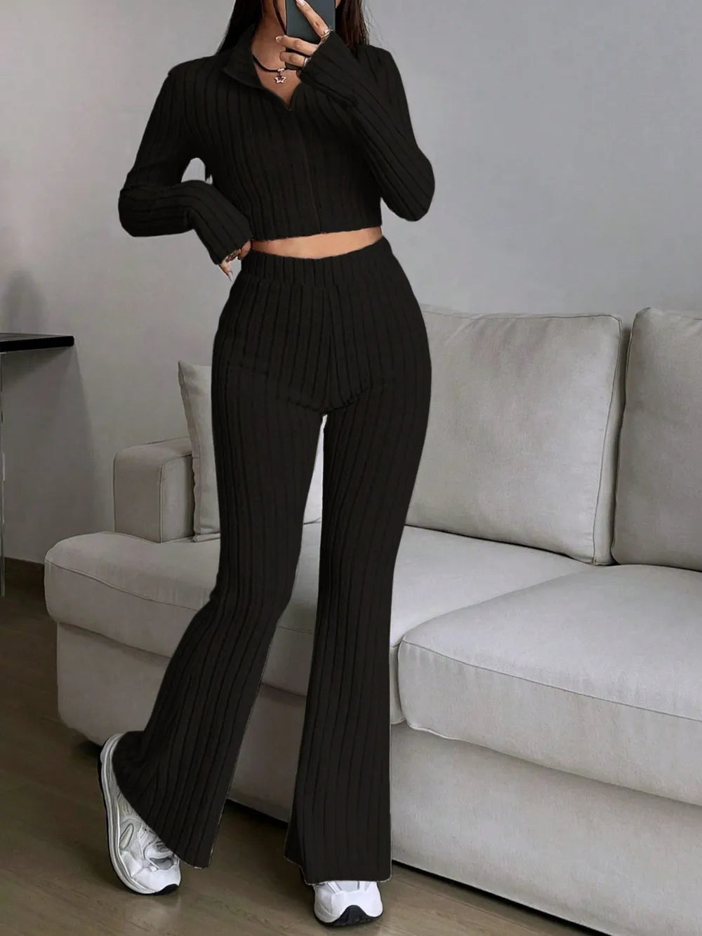 Honey Zip Up Long Sleeve Top and Pants Set - Thalia Chic