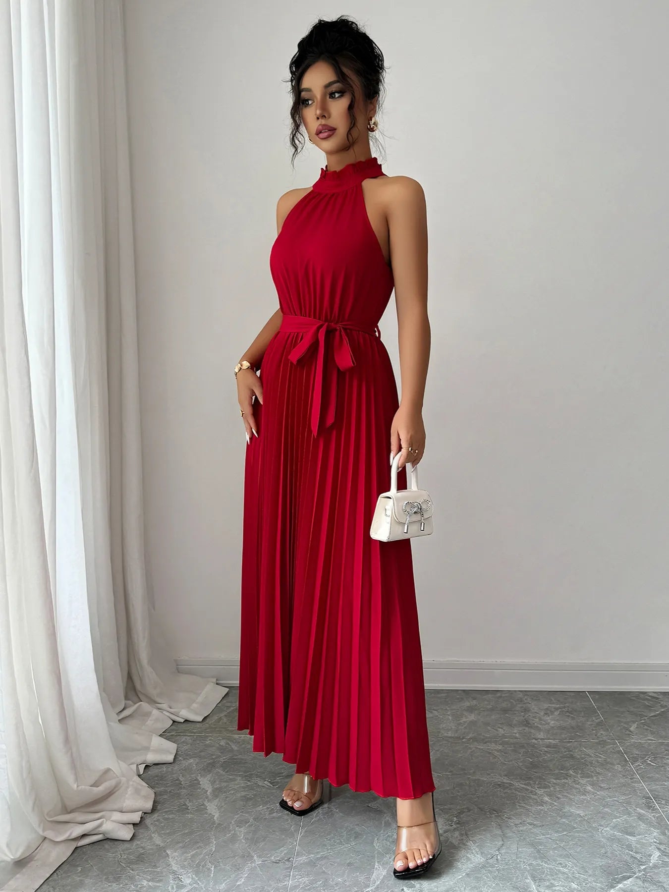 Pleated Halter Neck Tie Waist Maxi Dress - Thalia Chic
