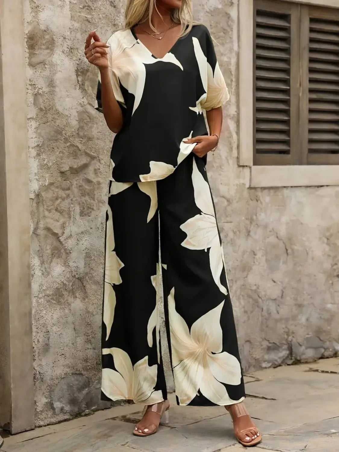Printed V-Neck Top and Wide Leg Pants Set - Thalia Chic