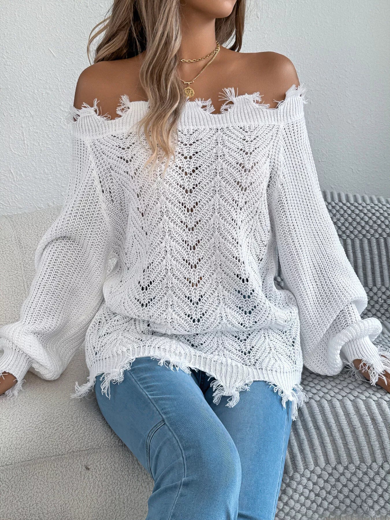 Distressed Hem Openwork Off-Shoulder Sweater - Thalia Chic
