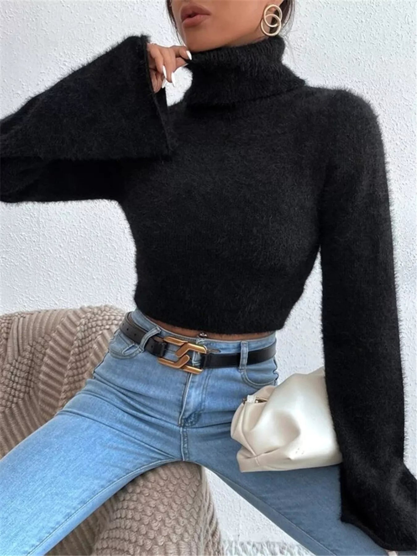 Turtleneck Flare Sleeve Sweater - Thalia Chic