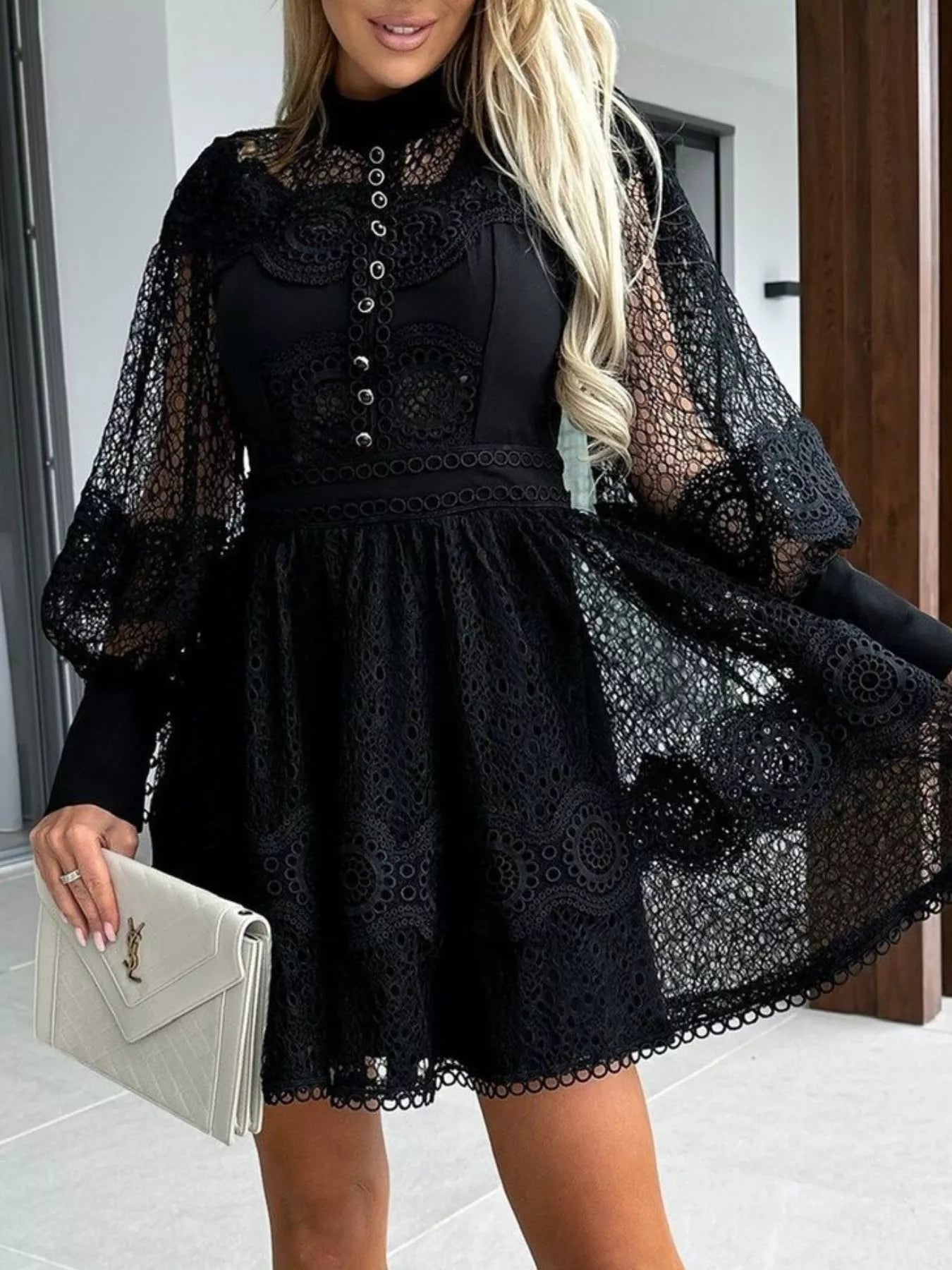 Lace Lantern Sleeve Mini Dress - Thalia Chic
