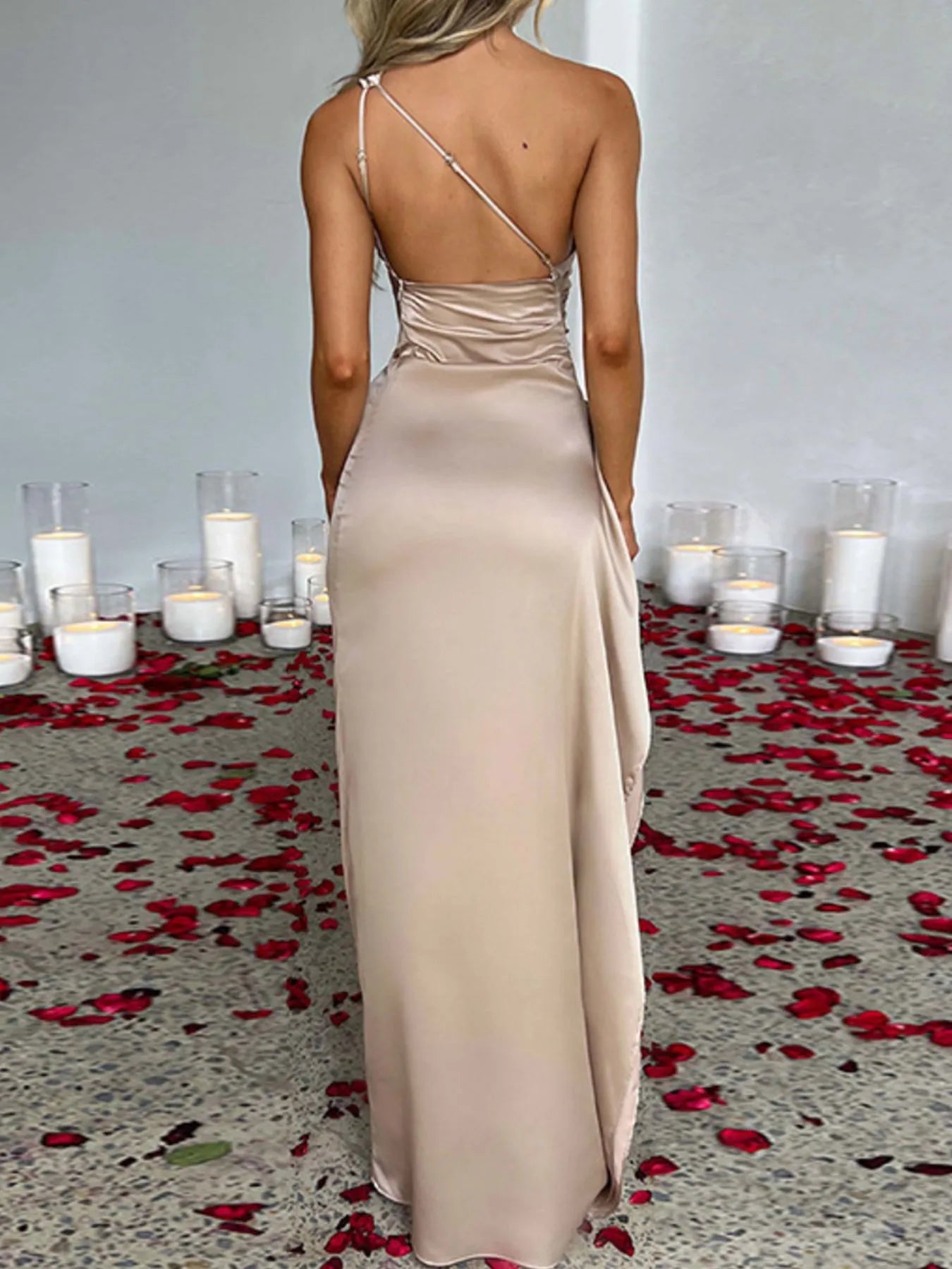 One Shoulder Satin Dress with High Slit - Thalia Chic