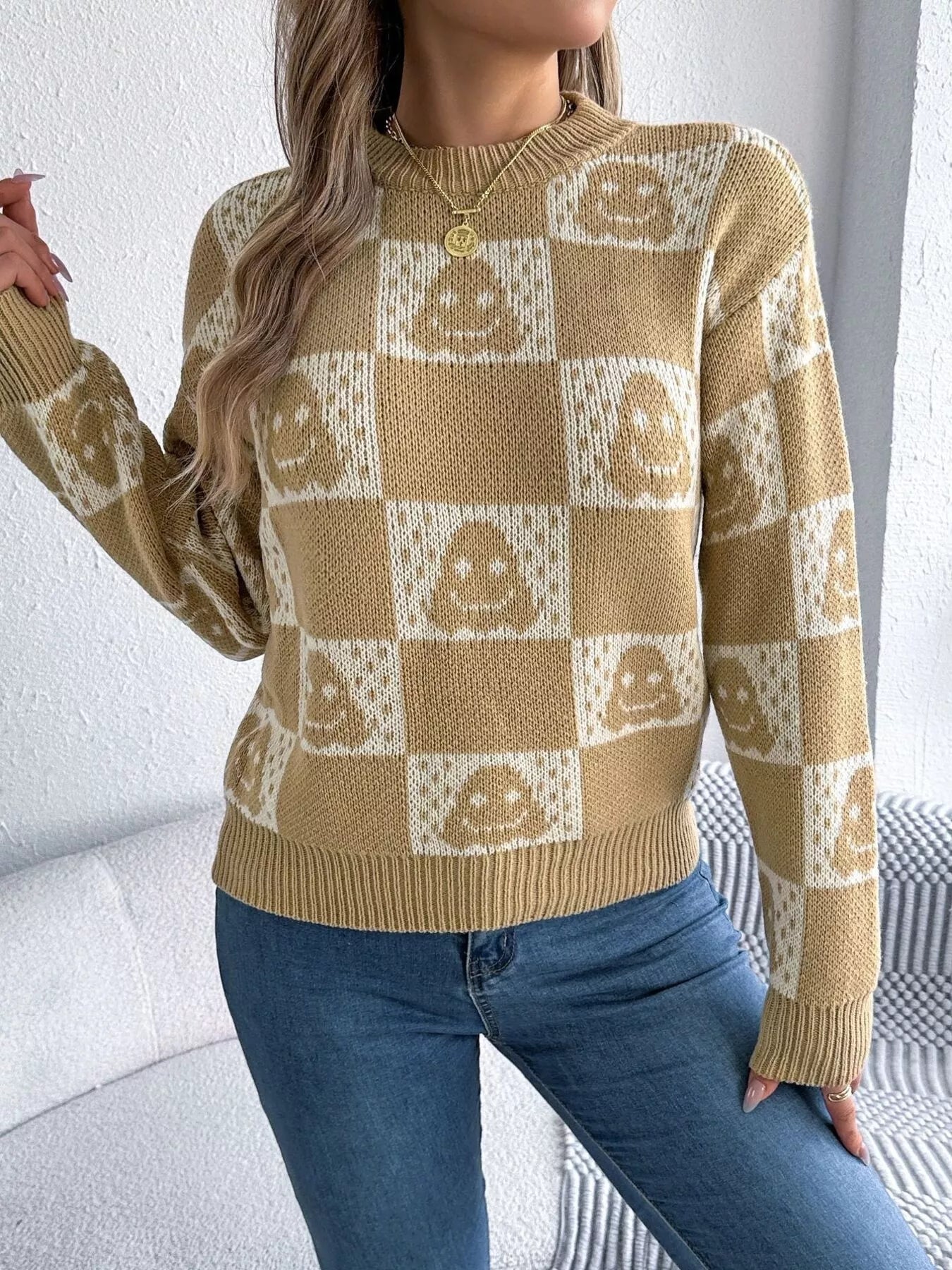 Halloween Ghost Pattern Checkered Round Neck Sweater - Thalia Chic