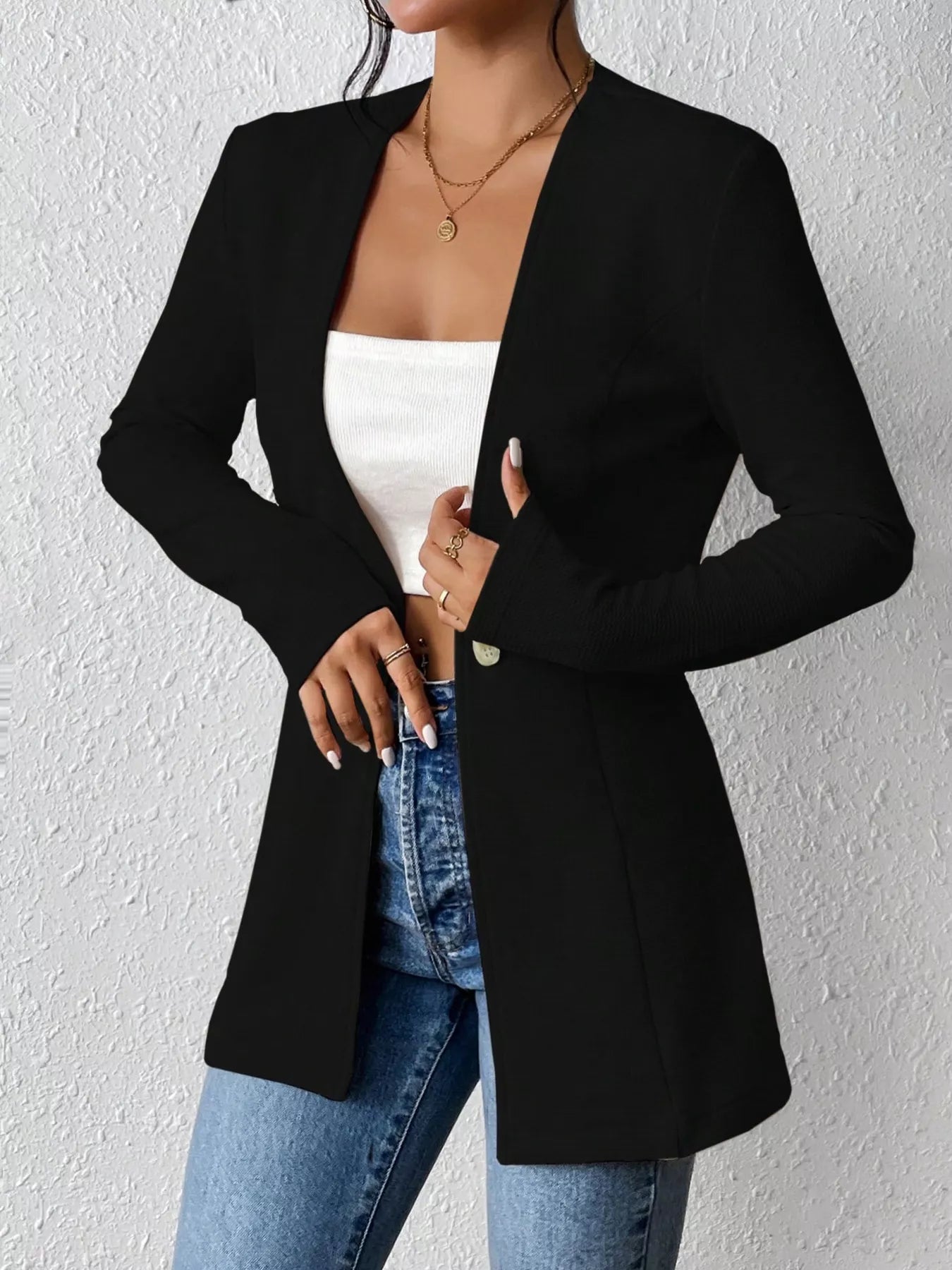 One Button Long Sleeve Blazer - Thalia Chic