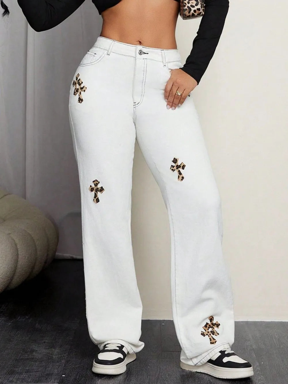 Leopard Cross Detail Straight Leg Jeans - Thalia Chic