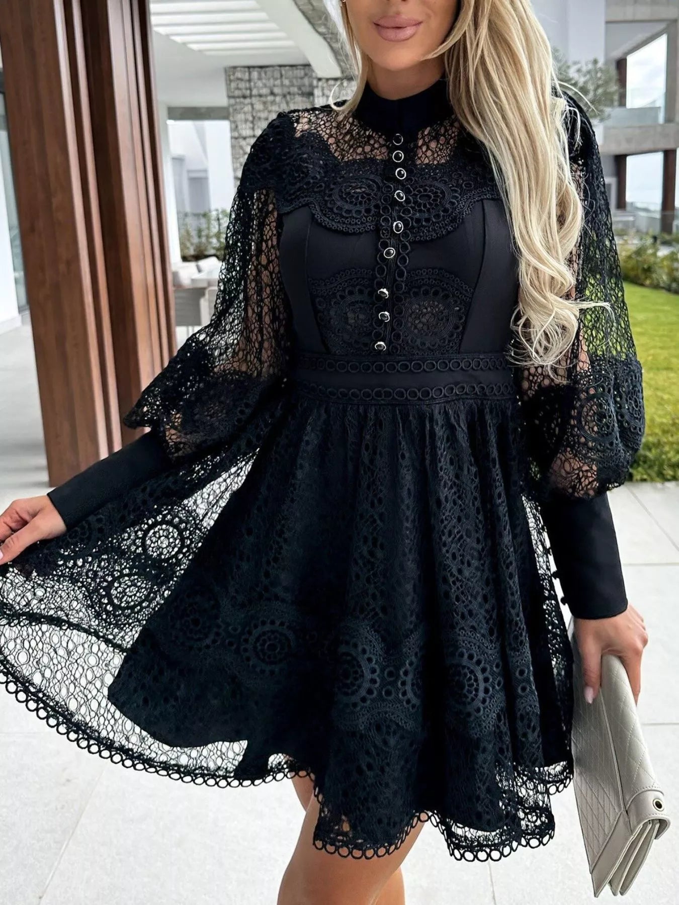 Lace Lantern Sleeve Mini Dress - Thalia Chic