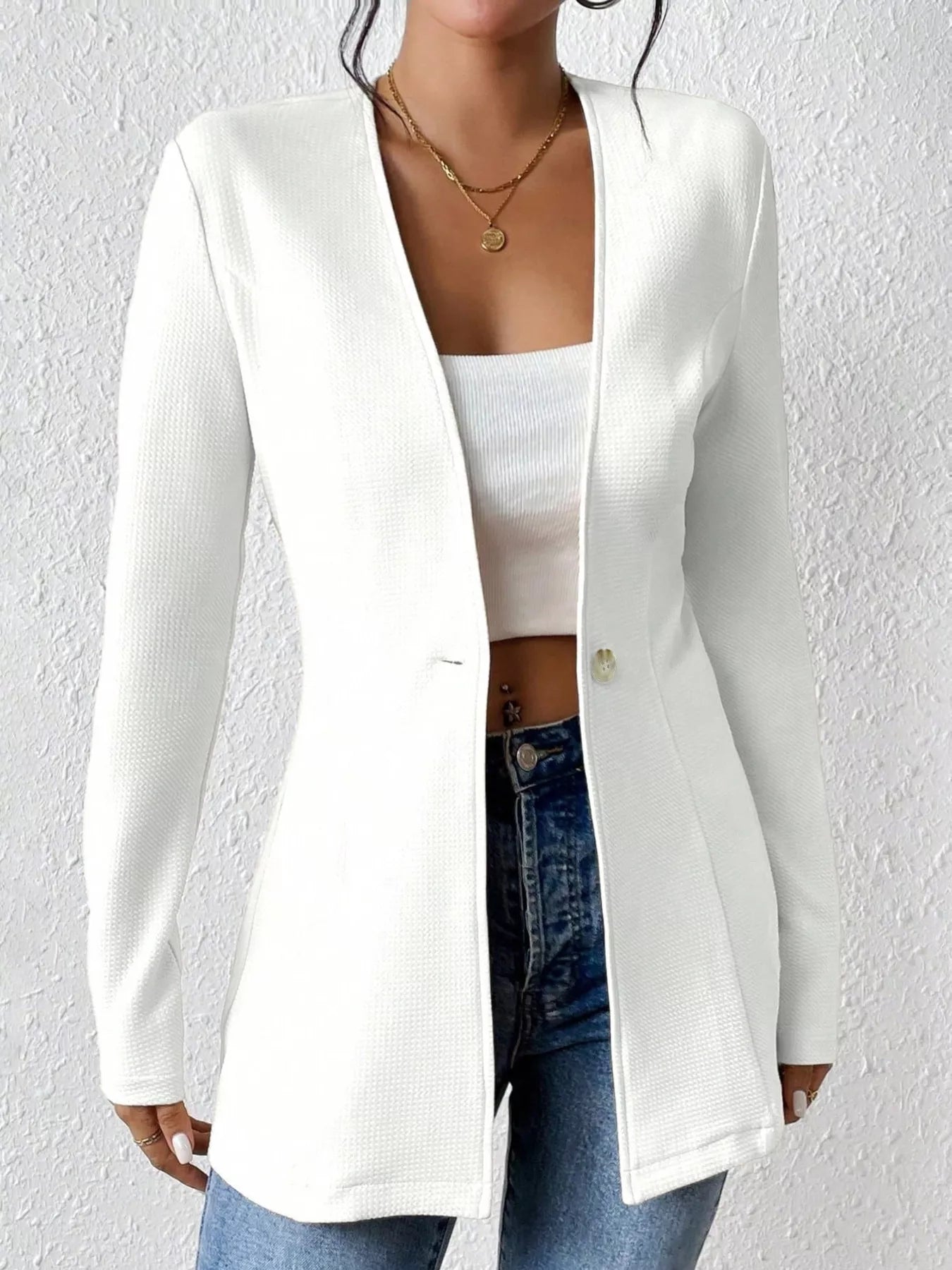 One Button Long Sleeve Blazer - Thalia Chic