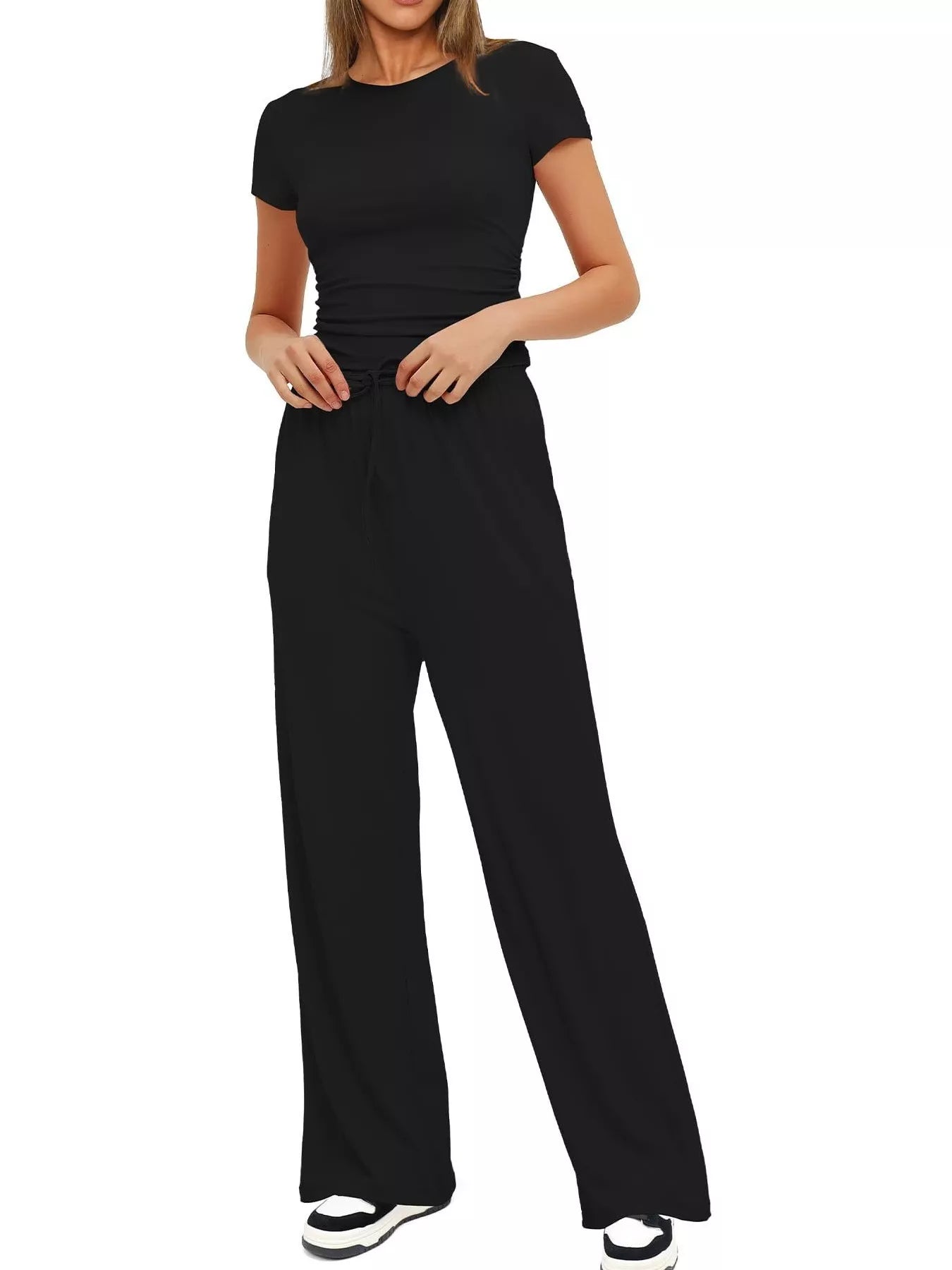 Round Neck Short Sleeve T-Shirt and Pants Set - Thalia Chic