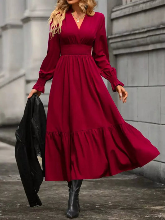 Surplice Long Sleeve Tiered Midi Dress - Thalia Chic