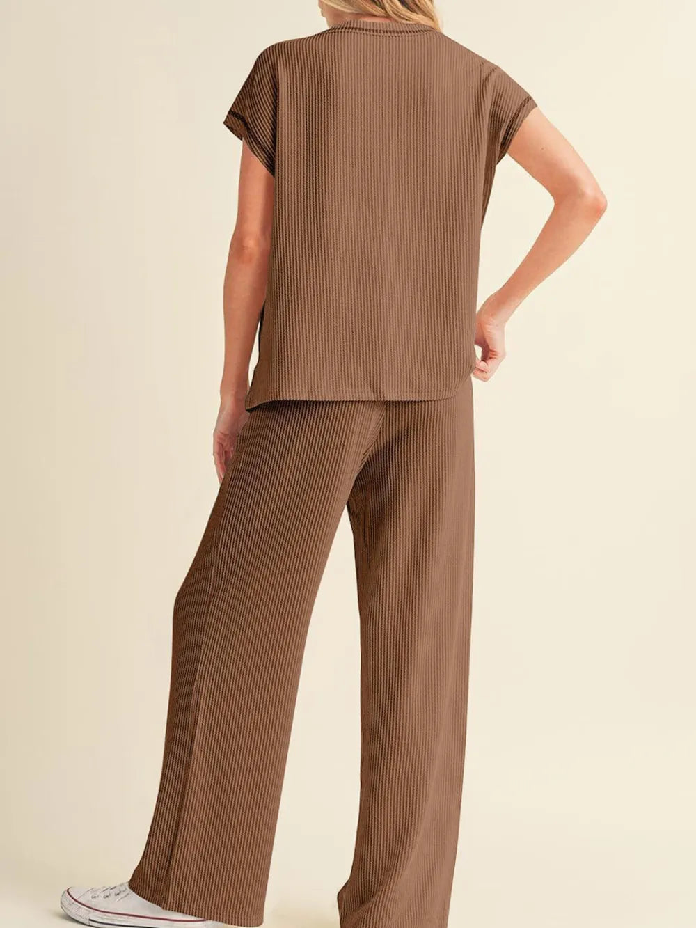 Ribbed Exposed Seam Top and Pants Set - Thalia Chic
