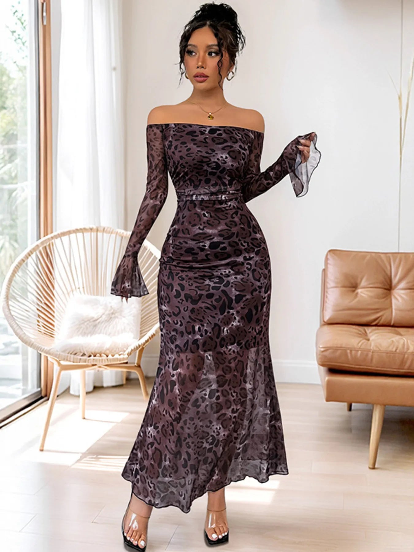 Off-Shoulder Long Sleeve Maxi Dress - Thalia Chic