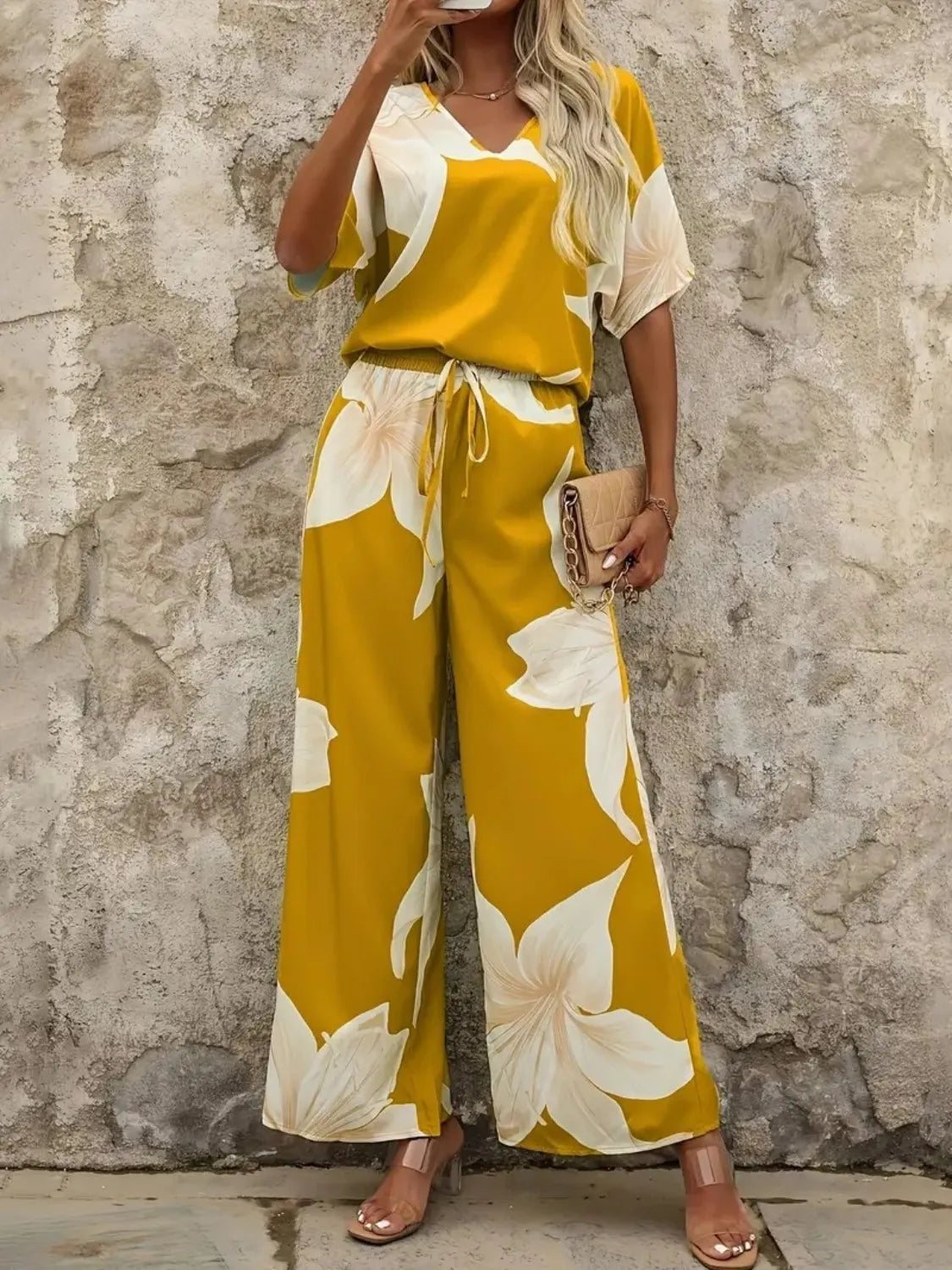 Printed V-Neck Top and Wide Leg Pants Set - Thalia Chic