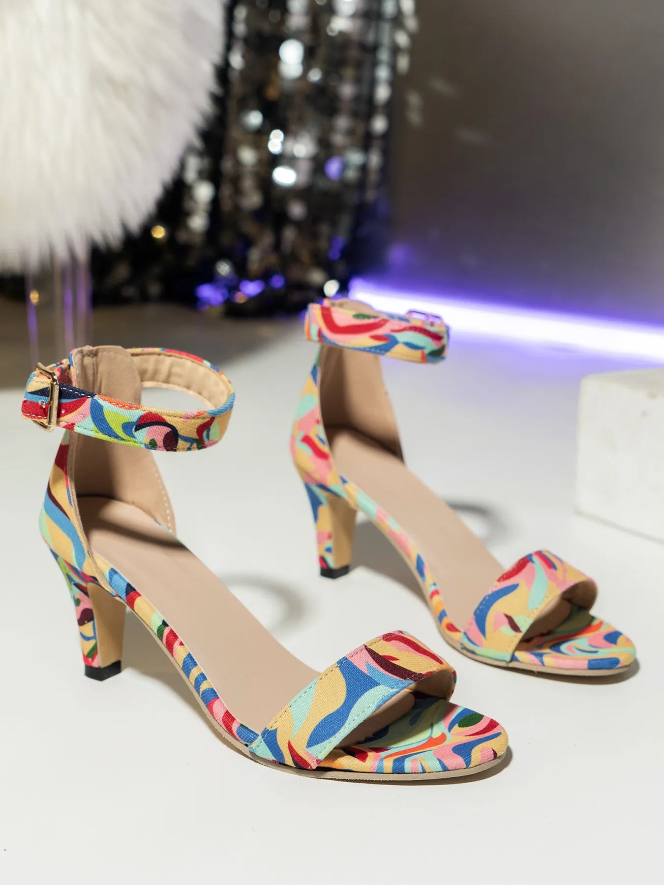 Rainbow Metallic Block Heel Ankle Strap Sandals - Thalia Chic