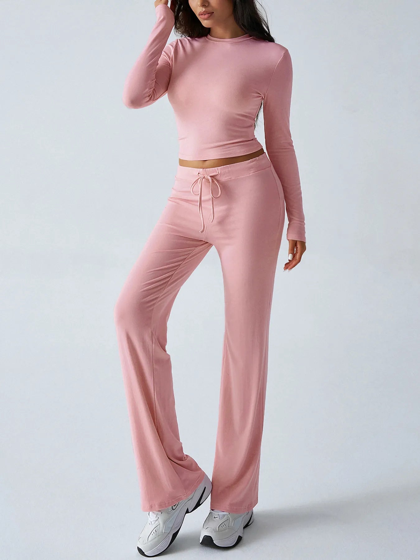 Round Neck Long Sleeve Top and Pants Set - Thalia Chic