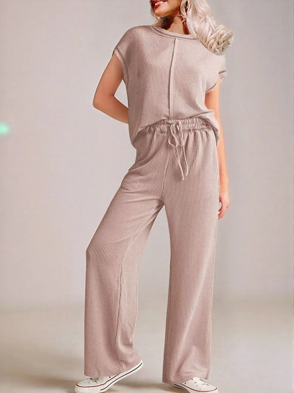 Ribbed Exposed Seam Top and Pants Set - Thalia Chic