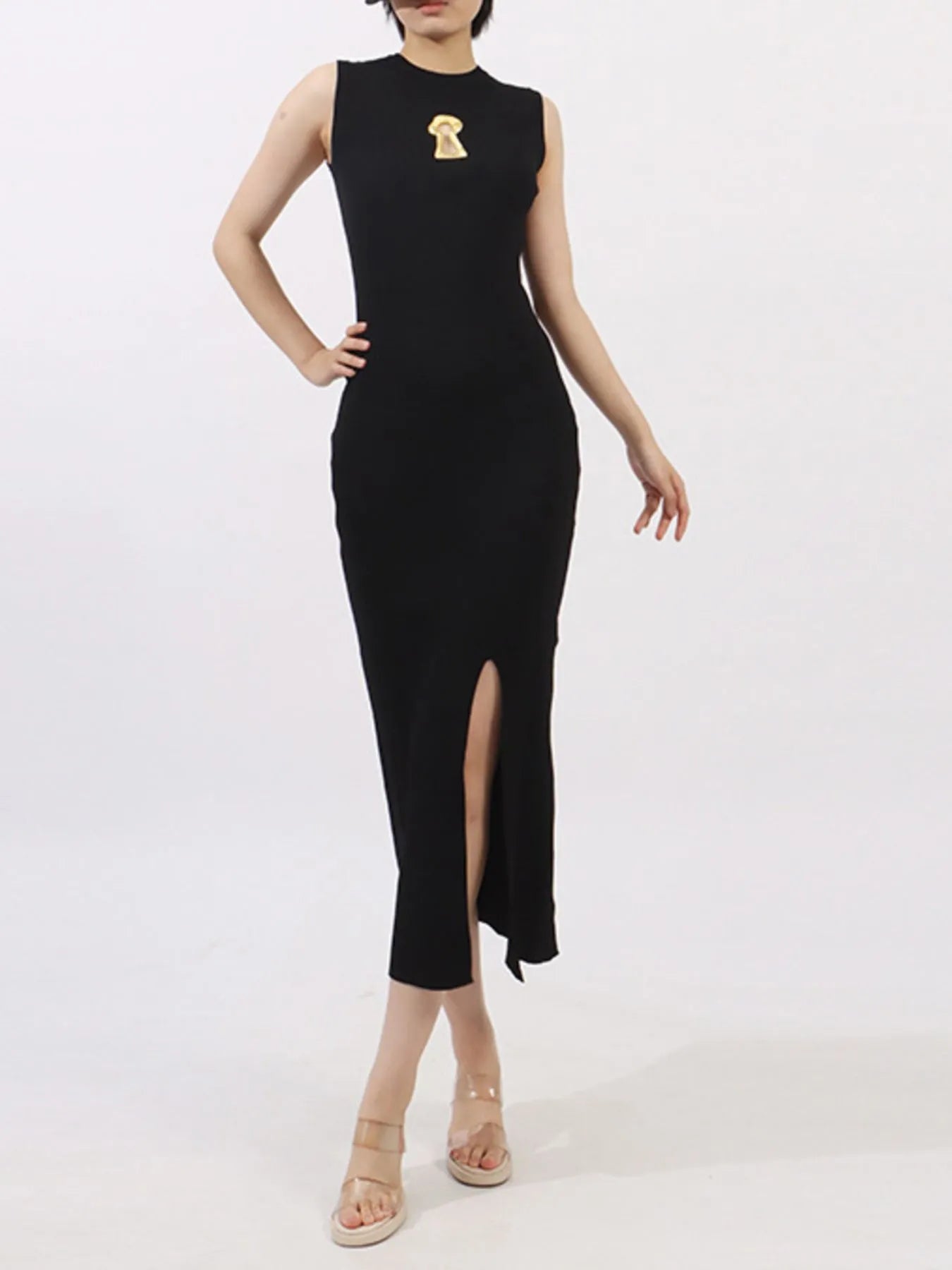 Slit Round Neck Sleeveless Dress - Thalia Chic