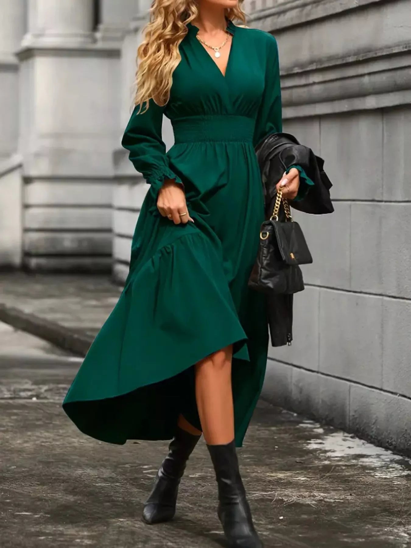 Surplice Long Sleeve Tiered Midi Dress - Thalia Chic