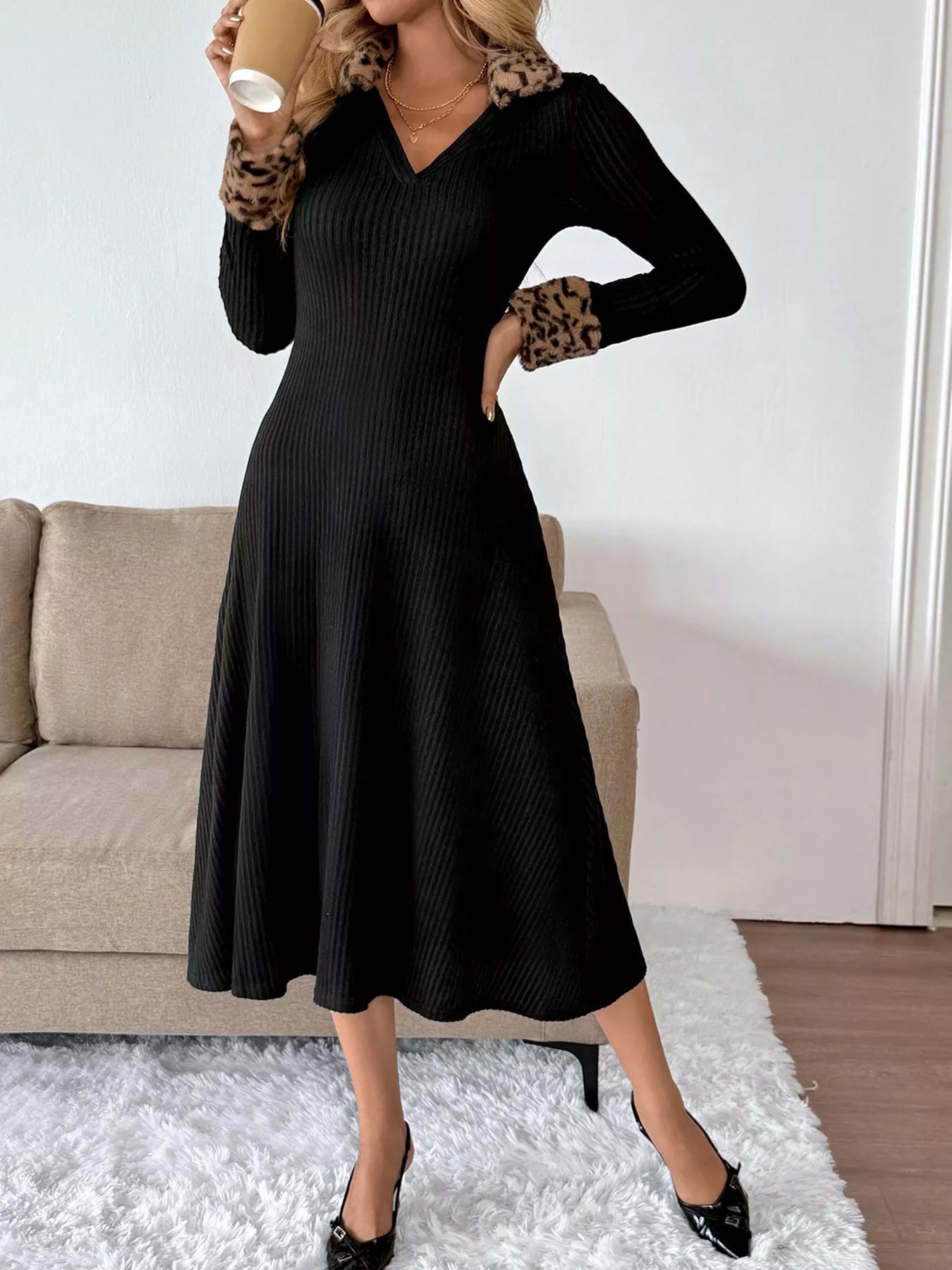 Leopard Cuff Johnny Collar Midi Dress - Thalia Chic