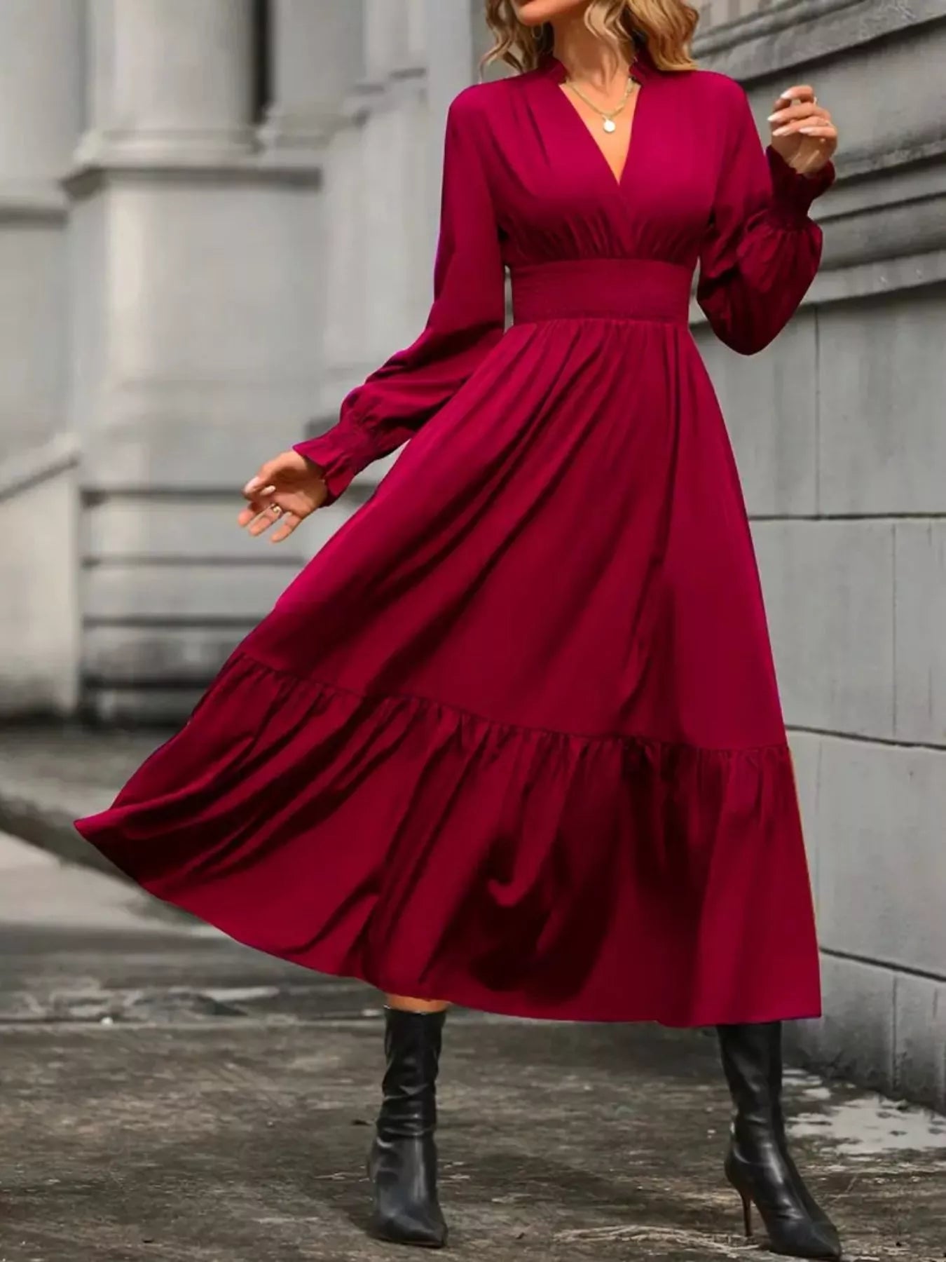 Surplice Long Sleeve Tiered Midi Dress - Thalia Chic