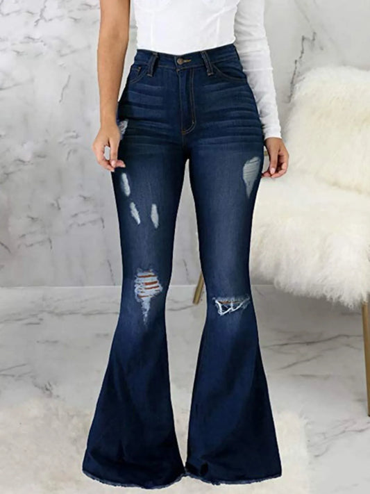 Full Size Distressed Raw Hem Flare Jeans Plus Size - Thalia Chic