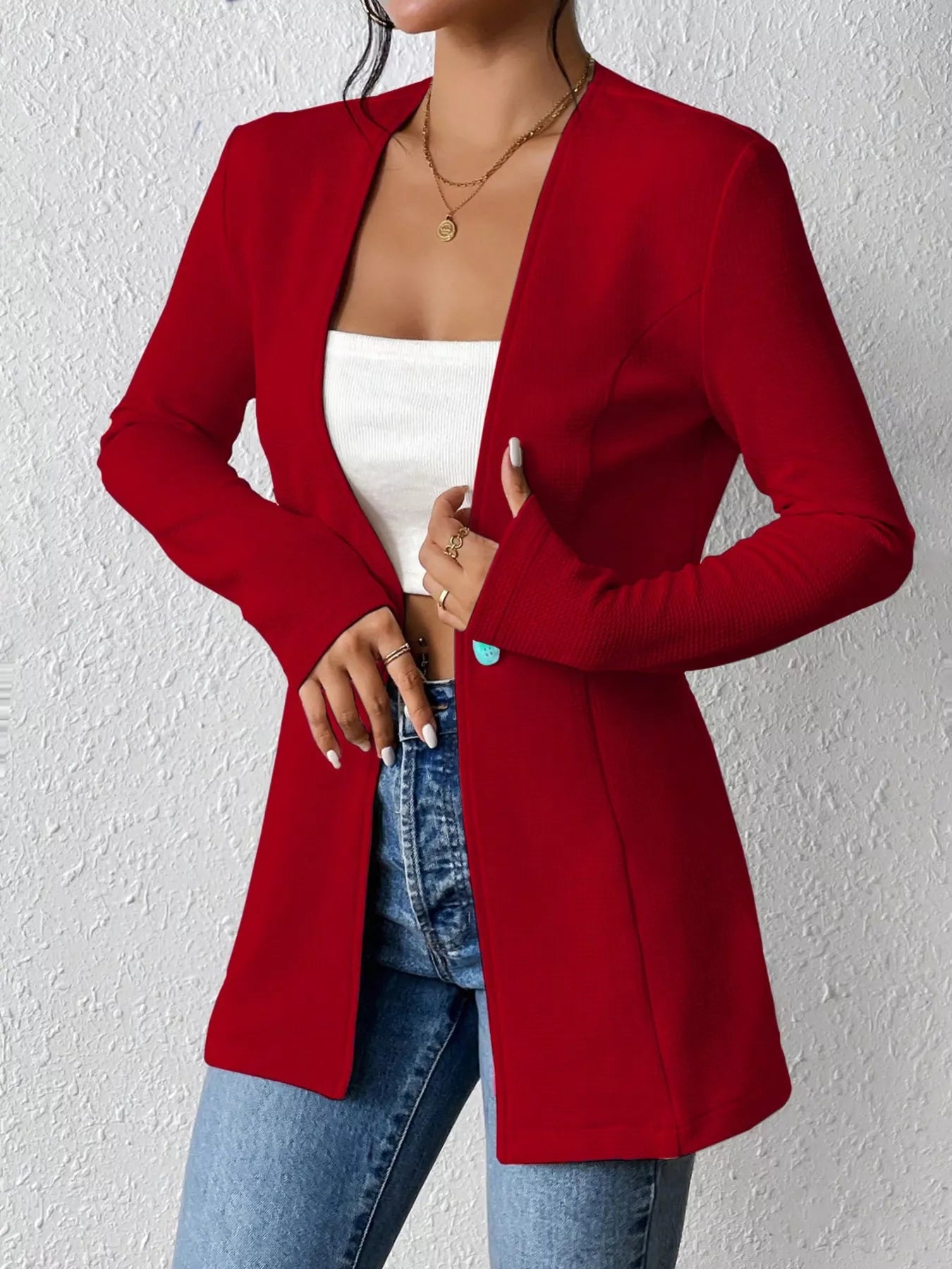 One Button Long Sleeve Blazer - Thalia Chic