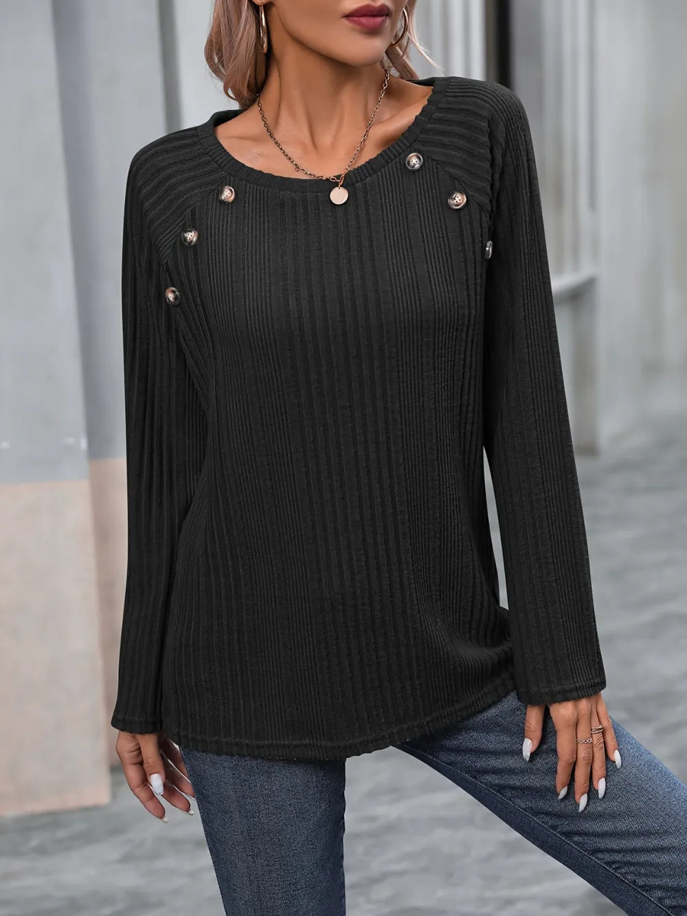 Round Neck Long Sleeve T-Shirt - Thalia Chic