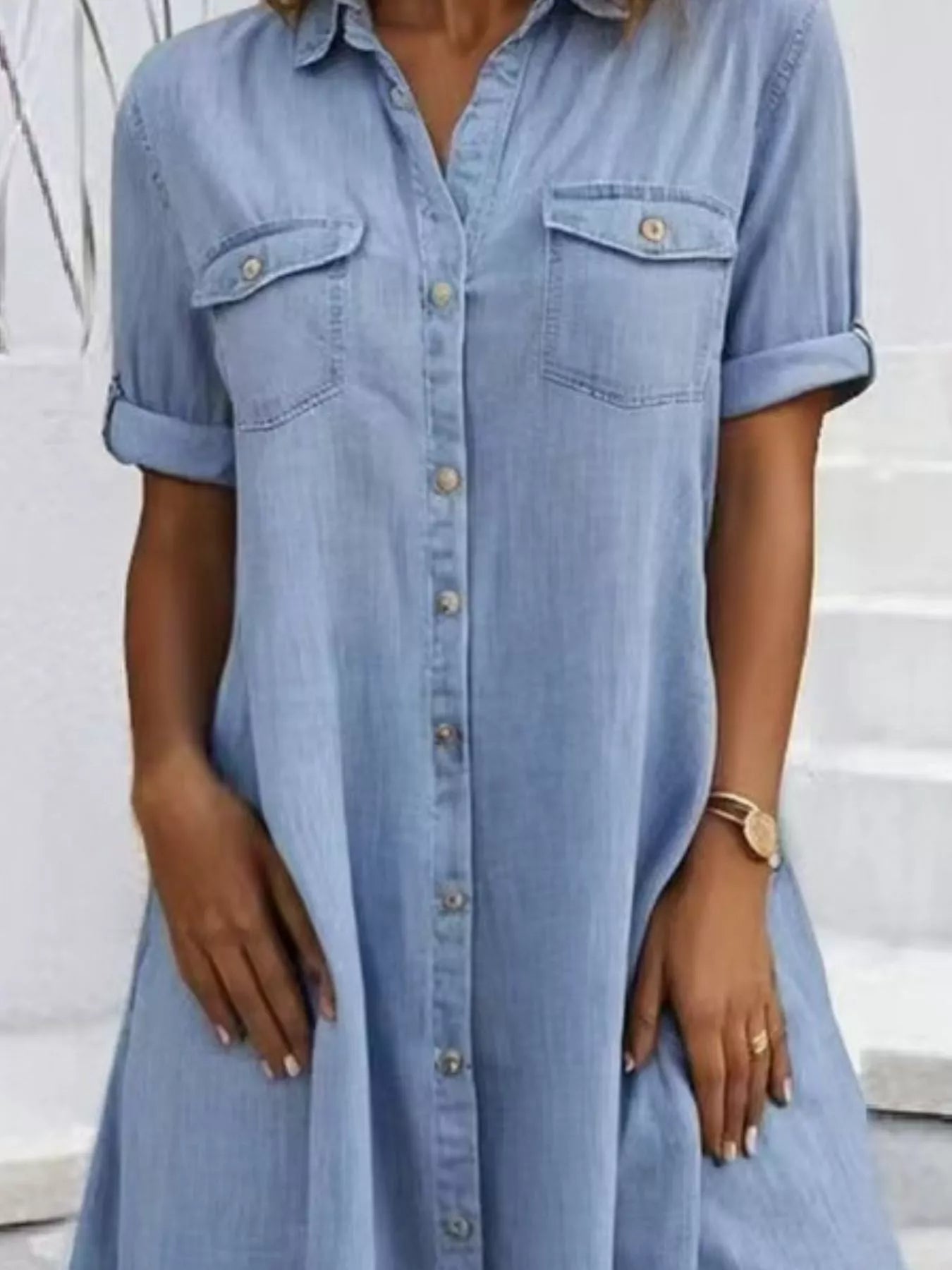 Full Size Button-Front Short Sleeve Denim Dress Plus Size - Thalia Chic