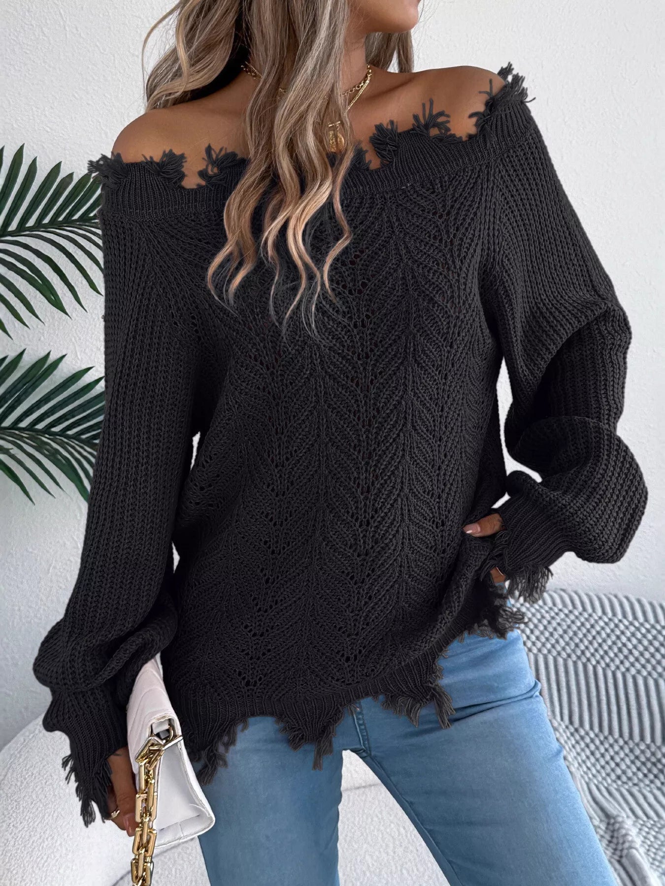 Distressed Hem Openwork Off-Shoulder Sweater - Thalia Chic