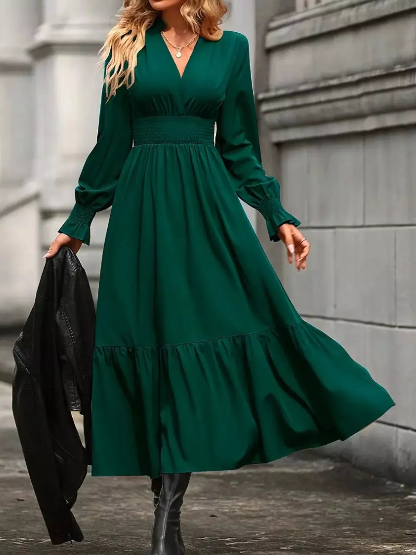 Surplice Long Sleeve Tiered Midi Dress - Thalia Chic