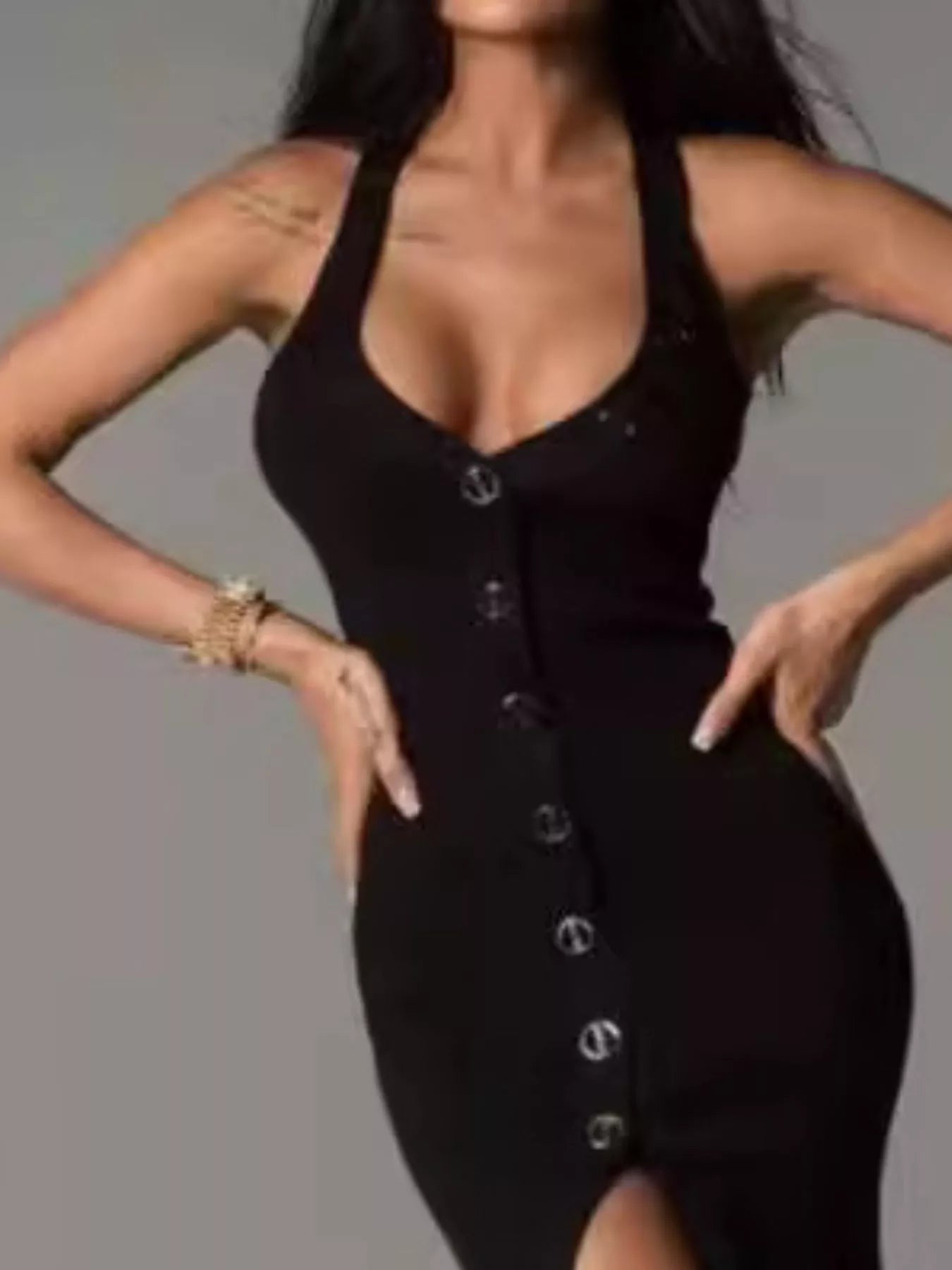 Halter Neck Button-Front Bodycon Dress - Thalia Chic