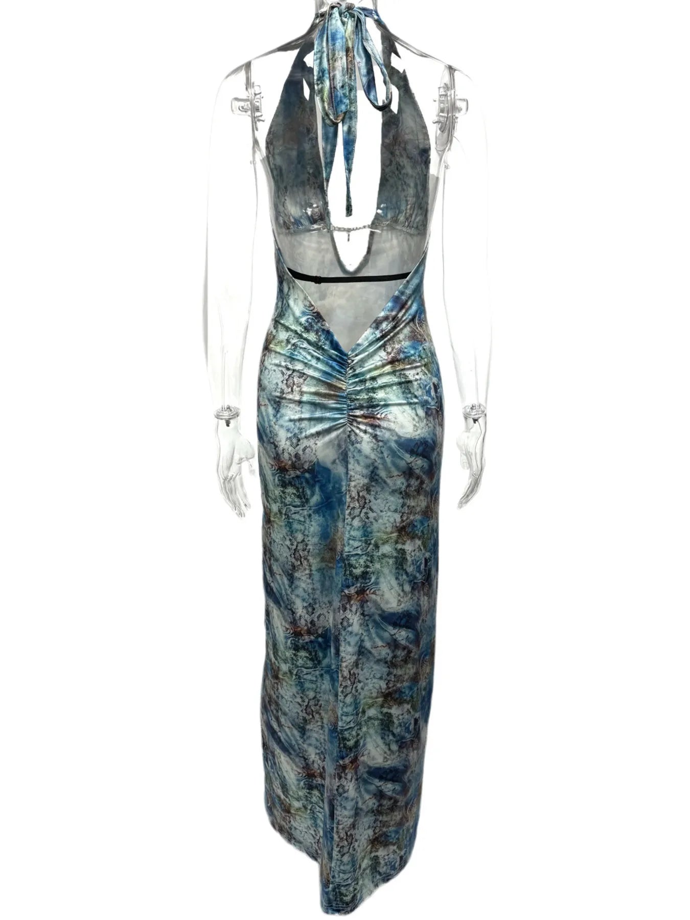 Printed V-Neck Halter Neck Maxi Dress - Thalia Chic