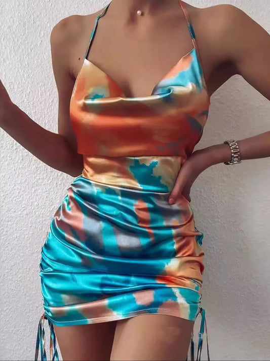 Tie-Dye Halter Ruched Mini Dress with Side Drawstring - Thalia Chic