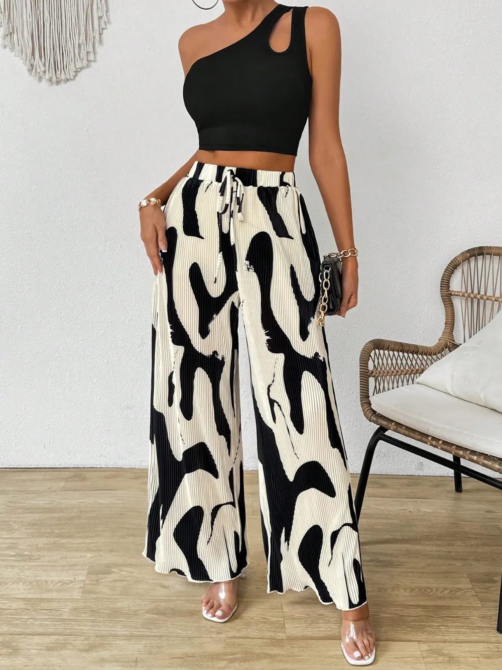 Cutout One Shoulder Top and Printed Pants Set - Thalia Chic