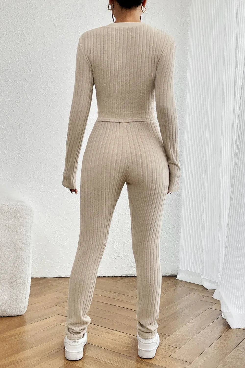 Ribbed V-Neck Long Sleeve Cropped Top and Pants Set - Thalia Chic