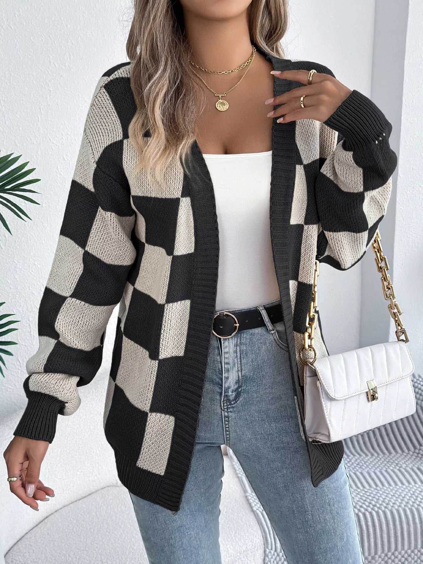 Checkered Pattern Open Front Cardigan - Thalia Chic
