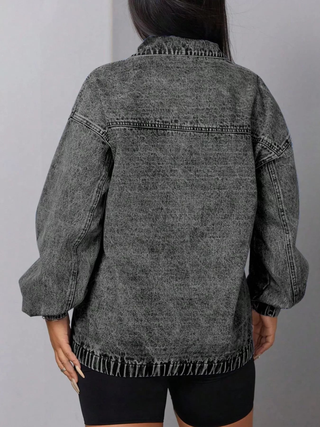 Elastic Hem Quarter Zip Denim Top - Thalia Chic