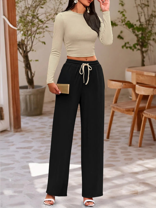 Round Neck Long Sleeve Top and Pants Set - Thalia Chic