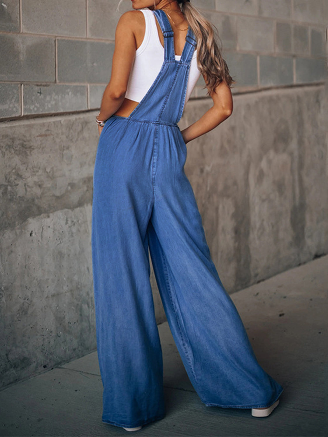 Wide Leg Denim Overalls - Thalia Chic