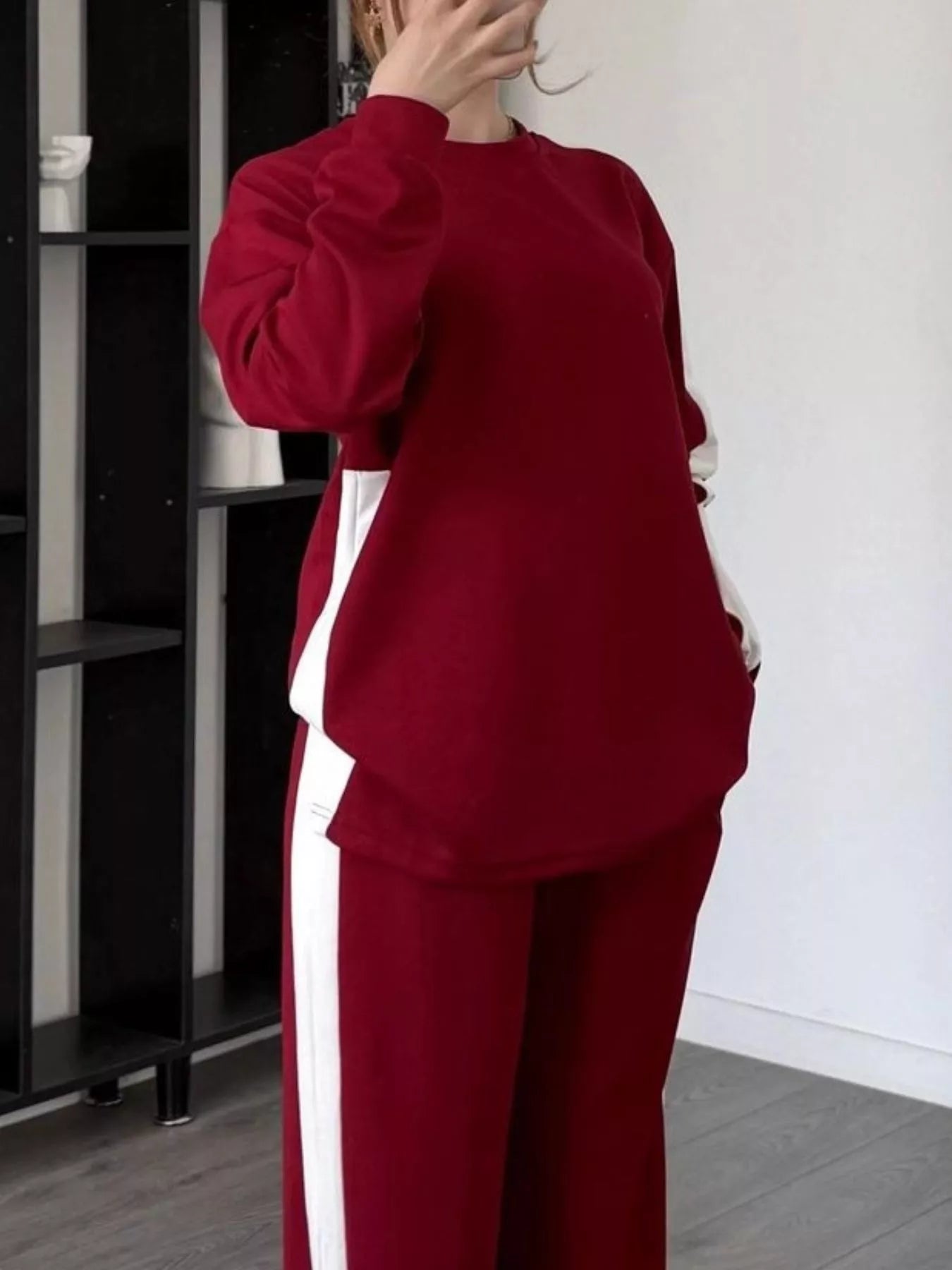 Full Size Contrast Round Neck Top and Pants Set Plus Size - Thalia Chic