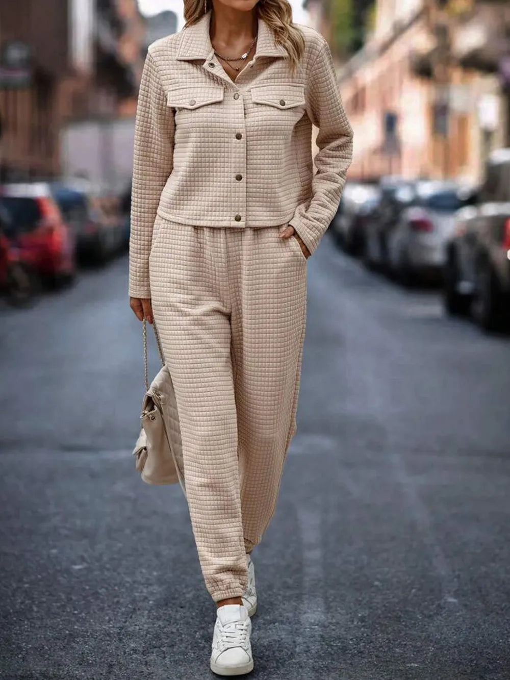 Plaid Texture Snap Down Top and Pants Set - Thalia Chic