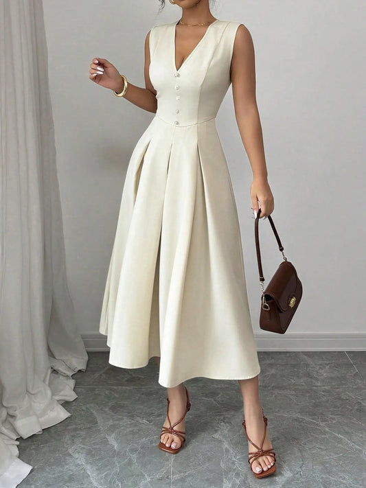 V-Neck Sleeveless Midi Dress - Thalia Chic