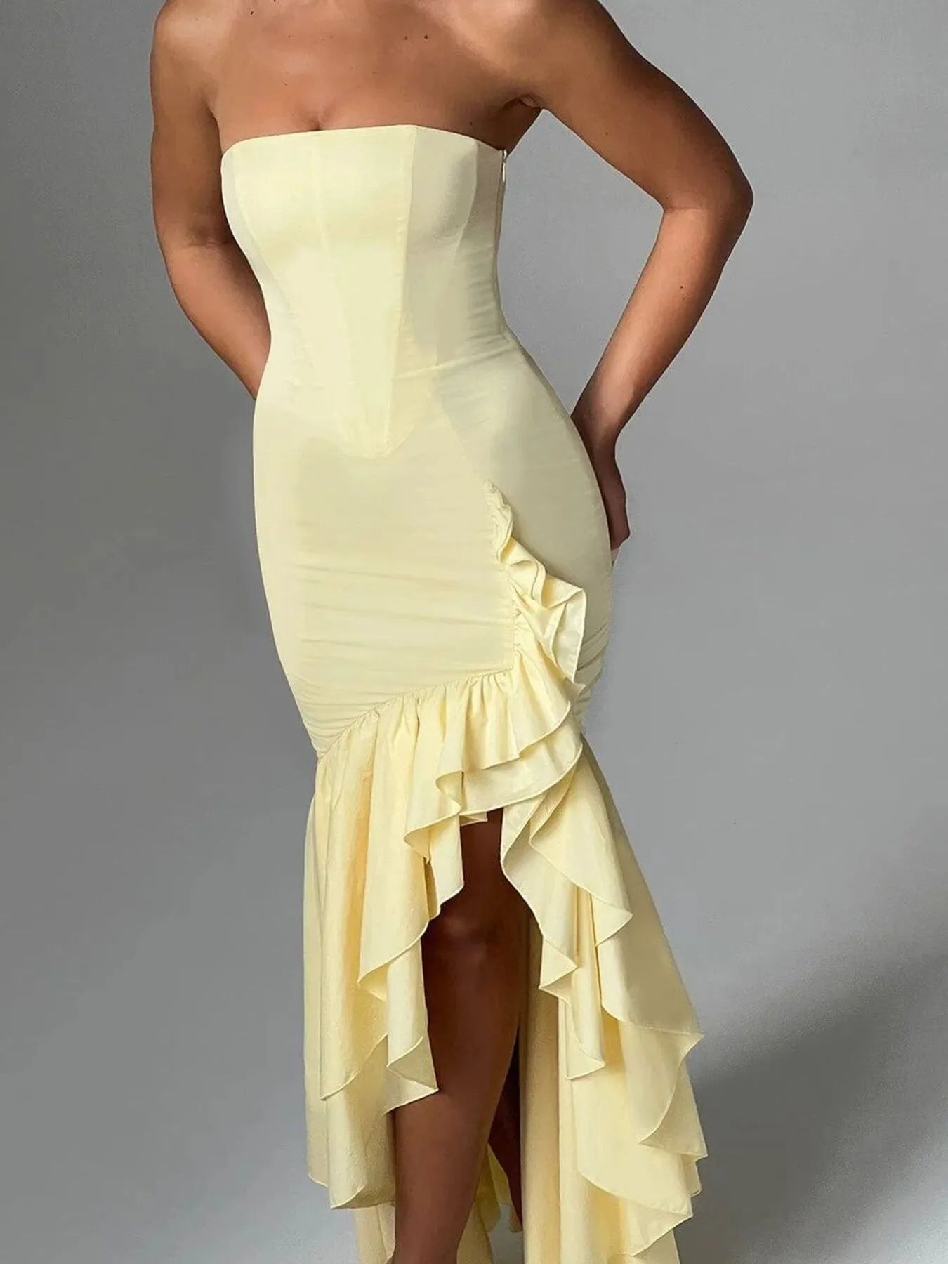 Strapless Ruffle High-Low Bodycon Dress - Thalia Chic